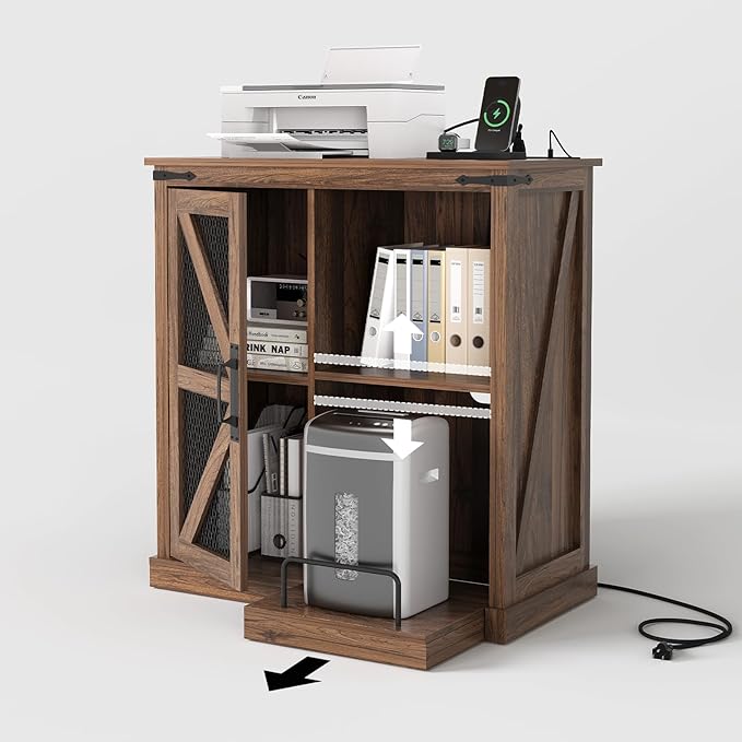Printer Stand with Storage,File Cabinet with Socket and USB Charging Port,Farmhouse Paper Shredder Stand Rack with Slide-Out Shelf,Walnut-DeskLoop Office