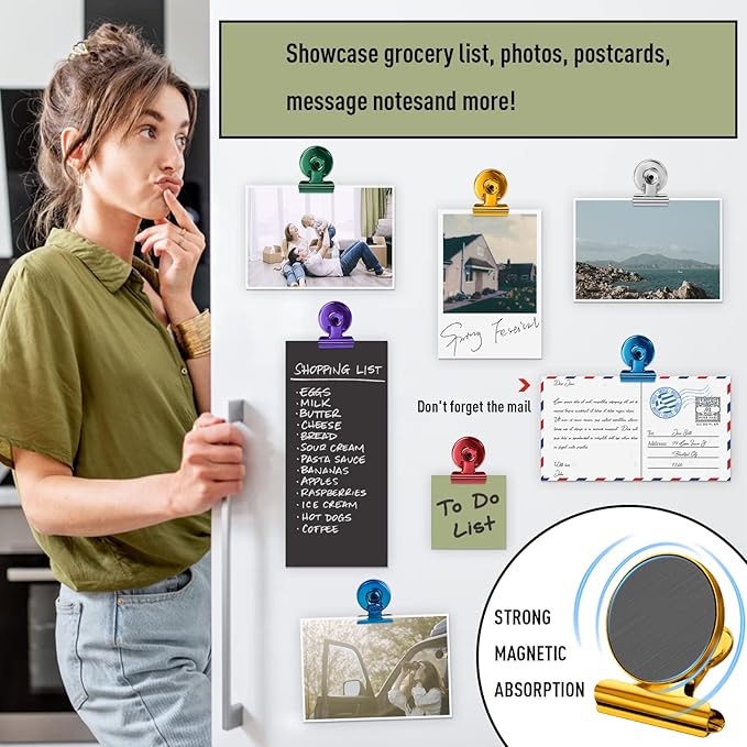 FINDMAG 12 Pack Magnetic Clips for Photo Display and Picture Hanging, Heavy Duty Scratch-Free Fridge Magnets, Strong Clips for Photo Display, Whiteboard, Office, Kitchen, School, 30mm Wide, Gold.-DeskLoop Office