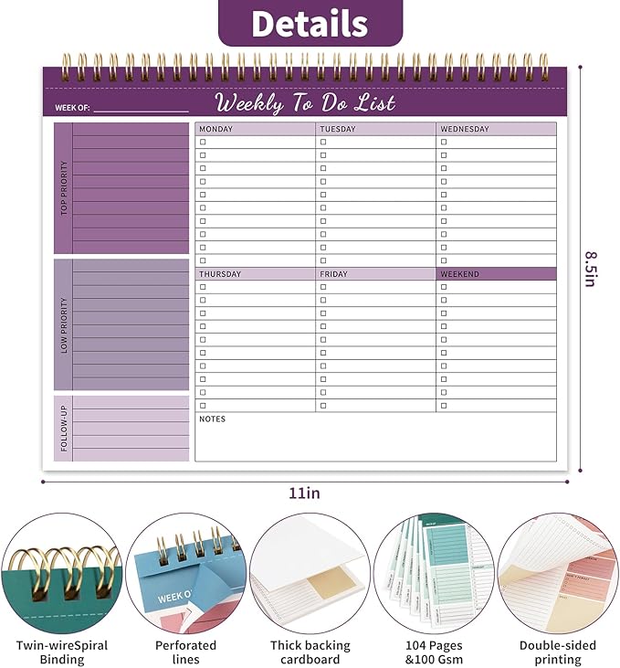 Weekly To Do List Notepad, 52 Undated Sheets (8.5"×11") Duplex-printed Weekly Planner Notepad For Work Home School Office Desk Accessories Supplies & Goal Setting Tasks - Purple-DeskLoop Office