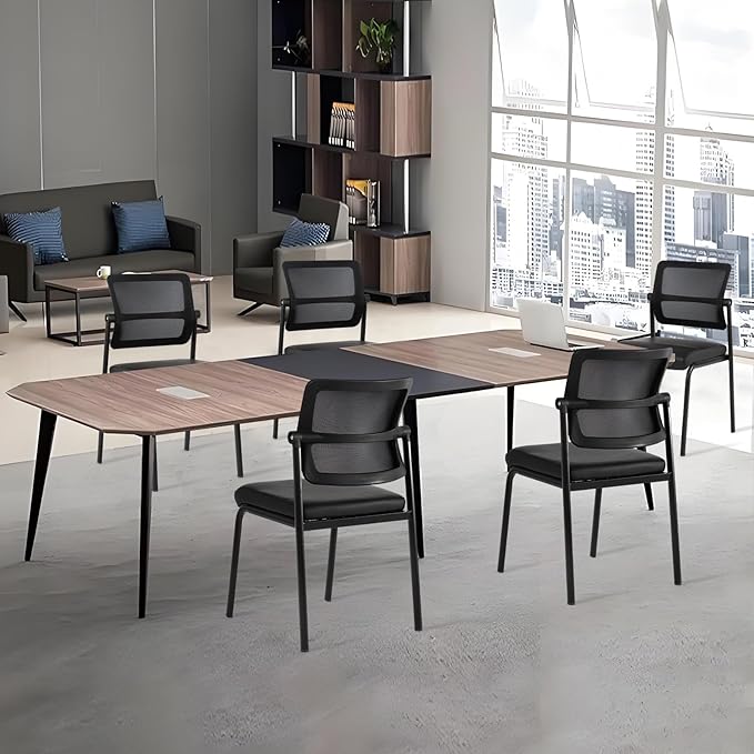 CLATINA Stacking Waiting Room Chairs, Adjustable Mesh Backrest Armless Office Guest Reception Chair with Leather Cushion and Ergonomic Lumbar Support for Conference Lobby Side School Classroom, 4PK-DeskLoop Office