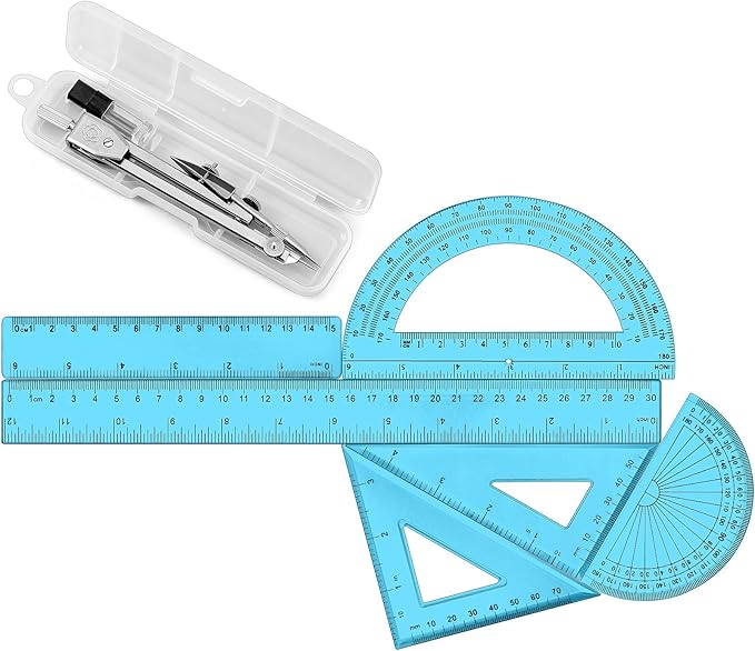 Zonon 1 Set Plastic Geometry Math Set Includes Drawing Compass, 6 Inch 4 Inch Protractor, 45/60 Degree Triangle Rulers 12 Inch 6 Inch Math Ruler Transparent for Office Supplies(Blue)-DeskLoop Office