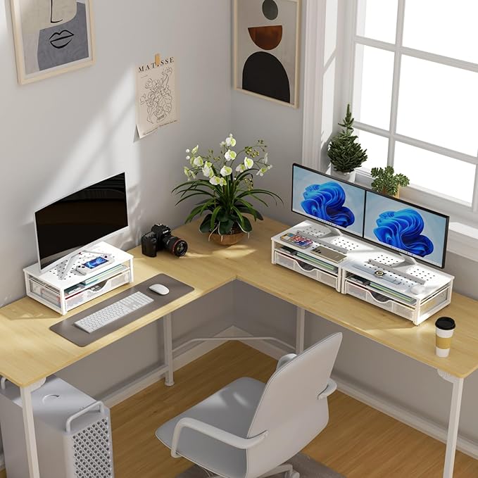 gianotter Computer Monitor Stand Riser, office organizer with Drawer, Office Organizers Storage for Classroom Office Supplies (White)-DeskLoop Office