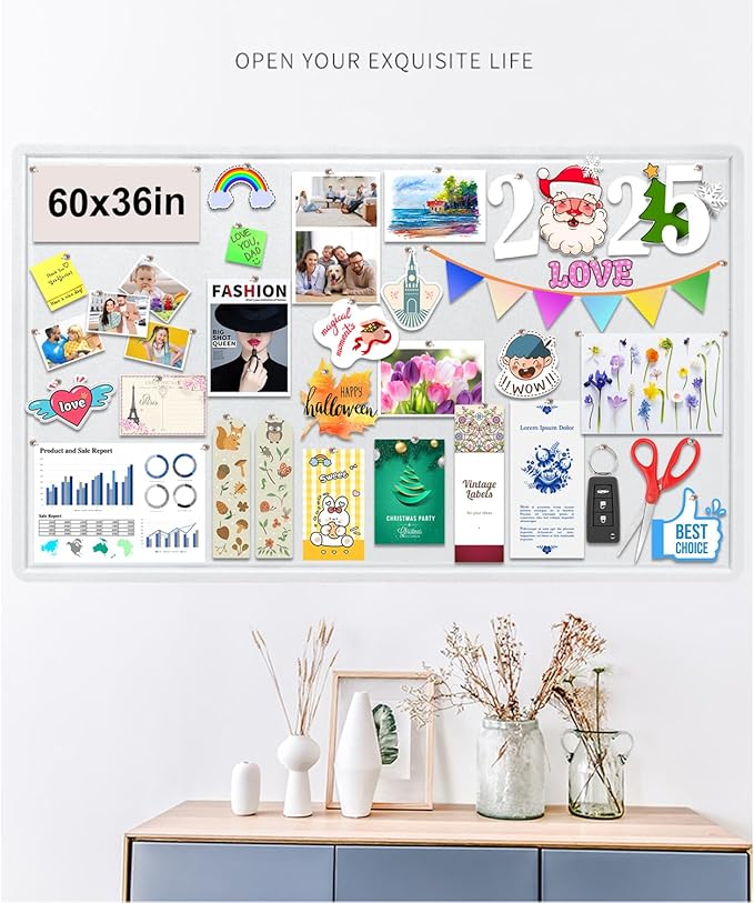Large Bulletin Board, Foldable 60x36 Inches Cork Board Alternative, Large Felt Board Decorative Pin Board for Wall, Foldable Photo Board Self-Adhesive Vision Board with 36 Pushpins White-DeskLoop Office