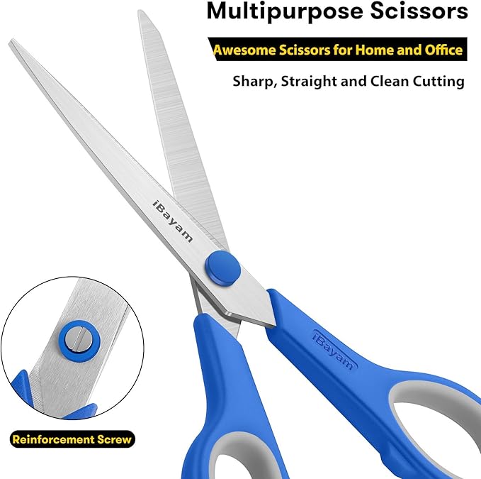 Scissors, iBayam 8" All Purpose Scissors Bulk 3-Pack, Ultra Sharp 2.5mm Thick Blade Shears Comfort-Grip for Office Desk Accessories Sewing Fabric Home Craft School Supplies, Right/Left Handed-DeskLoop Office