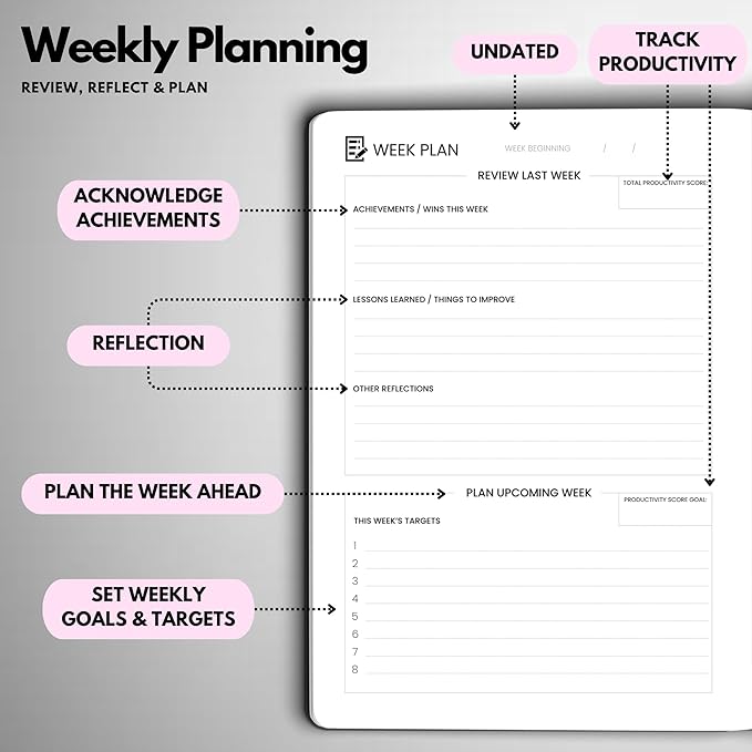 Undated Daily Planner – 6-Month A5 Productivity Organizer with Full Page Per Day, Hourly Schedule, Goal Setting, Habit Tracker, Weekly & Monthly Pages – Hardcover Time Management Notebook (Pink)-DeskLoop Office