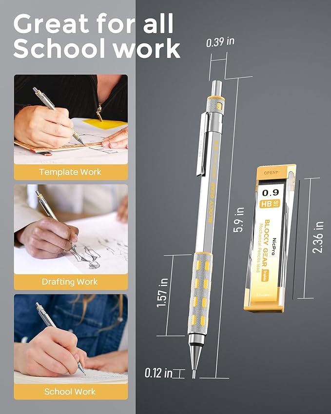 Nicpro Blocky Gear 0.9 mm Mechanical Pencils Set in Case, Metal Pencil with 0.9mm HB Lead Refills, Eraser for Professional & Adult Art Writing Drafting Drawing-DeskLoop Office
