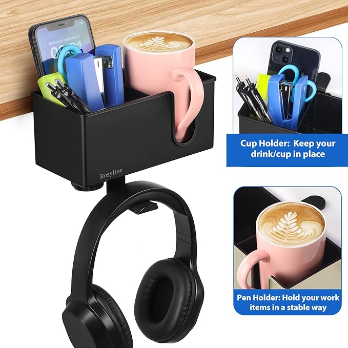 ROSLINE 3-in-1 Clip-on Desk Organizer - Pen, Headphone, and Cup Holder for Expanding Office and Gaming Space (Black)-DeskLoop Office