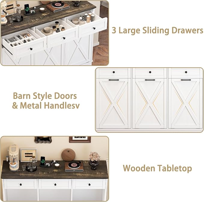 Farmhouse Tilt Out Trash Cabinet, Triple 13 Gallon Wooden Kitchen Trash Can Cabinet with Hideaway Drawer, Freestanding Garbage Recycling Cabinets, Pet Proof, Power Outlets, 59 Inch, White-DeskLoop Office