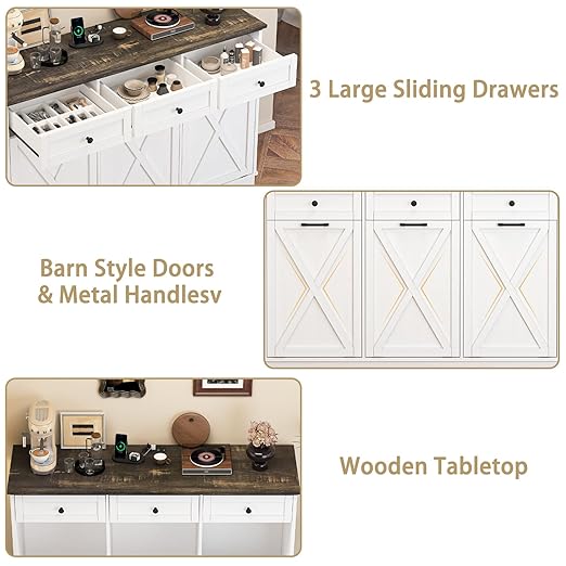 Triple 13 Gallons Tilt Out Trash Cabinet, Farmhouse Garbage Recycling Cabinet with Power Outlets, 3 Drawers, Pet Proof, Freestanding Kitchen Trash Bin Cabinets, White-DeskLoop Office