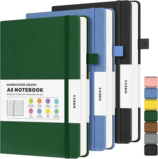 Graph Paper Notebook 3 Pack, A5 Grid Notebook Journal, Graph Notebook with 120gsm Paper, Hardcover Leather Journal for Writing, Grid Paper Notebook for Work, School Supplies, Engineering,5.75" x 8.38"-DeskLoop Office