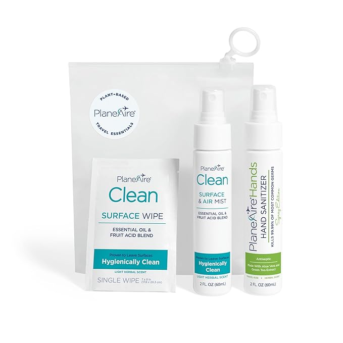 Travel Essentials | Hygiene Kit | Travel Toiletry Kit | Travel Size | Spray Hand Sanitizer Herbal Scent | Surface Wipes | Individual Travel Wipe | Surface Cleaner & Air Mist | With Essential Oils-DeskLoop Office