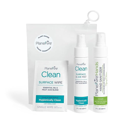 Travel Essentials | Hygiene Kit | Travel Toiletry Kit | Travel Size | Spray Hand Sanitizer Herbal Scent | Surface Wipes | Individual Travel Wipe | Surface Cleaner & Air Mist | With Essential Oils-DeskLoop Office