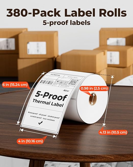 MUNBYN 4"x6" Direct Thermal Shipping Labels, Durable Waterproof, Oil-Proof, Scratch-Proof, Alcohol-Resistant, Tear-Resistant Label Paper for Thermal Printers, Packages, and Logistics, 380 Sheets/Roll-DeskLoop Office
