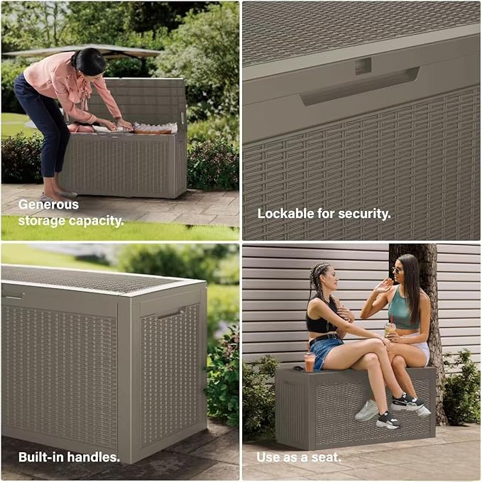100 Gallon Resin Deck Box, Waterproof Outdoor Storage Bin for Patio Furniture, Pool Accessories, and Garden Tools, Lockable & UV-Resistant, Grey-DeskLoop Office