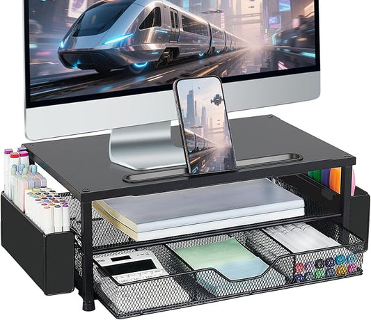 AUPSEN Wood Computer Monitor Stand Riser, 2-Tier Black Desk Organizer with Drawer, Pen Storage & Phone Holder ,Office Desk Accessories Desktop Organizer for Office Supplies-DeskLoop Office