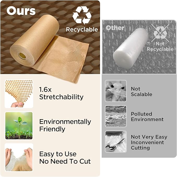 Honeycomb Packing Paper, 12"x150' Brown | Perforated Honeycomb Packing Paper Recyclable Moving Supplies for Shipping & Moving | Plastic-Free Alternative to Bubble Cushion Wrap with 36 Fragile Stickers-DeskLoop Office