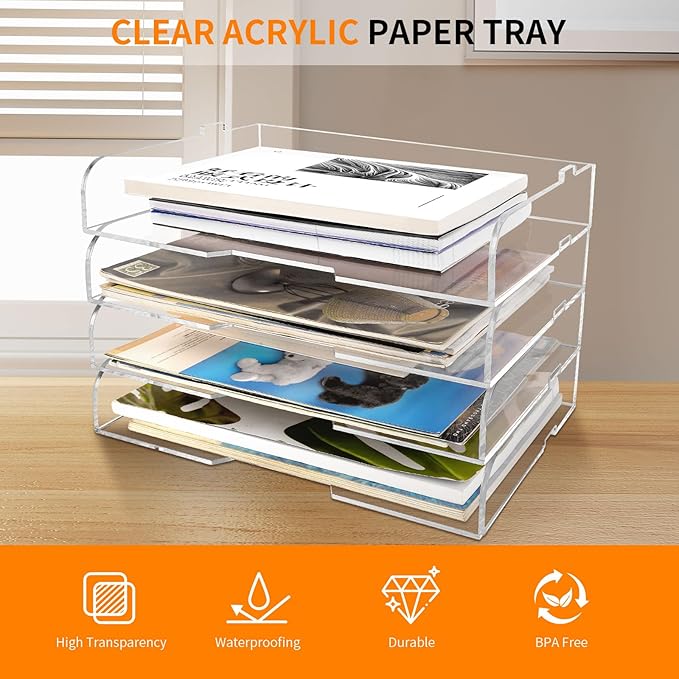 4 Pack- Stackable Paper Letter Tray,Clear Acrylic Magazine Holder and File Organizer - Sleek Desk Organizer for Home Office, Bookshelf, or Workspace - Space-Saving Transparent Document Holder-DeskLoop Office