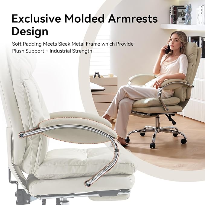 LEAGOO Office Chair with Foot Rest, Ergonomic Executive Office Chair with Arms, Reclining High Back PU Leather Comfy Swivel Computer Desk Chairs with Wheels and Lumbar Support for Home Office, Cream-DeskLoop Office