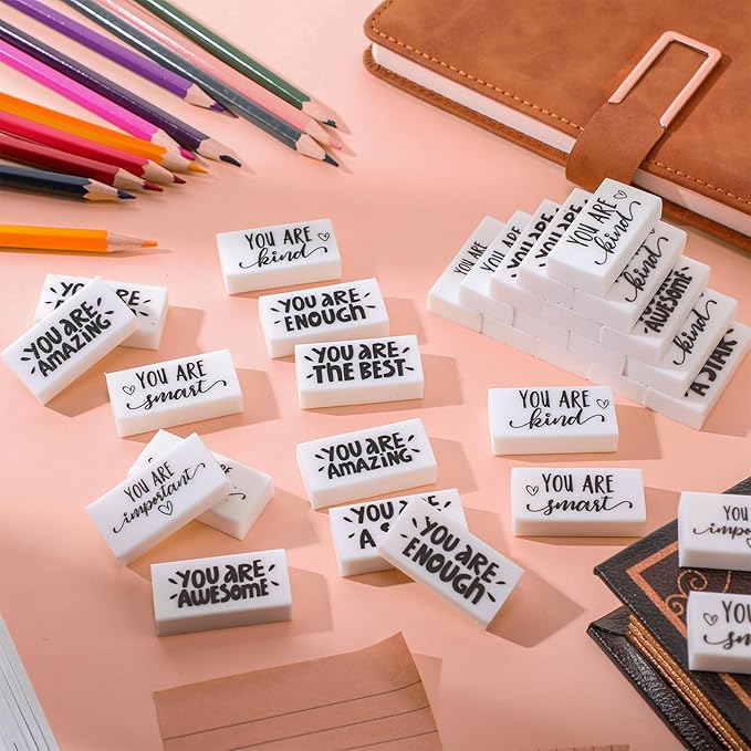 PerKoop 50 Pcs Back to School Inspirational Small Pencil Erasers Bulk for Kids, White Cute Fun Motivational Erasers Gifts for Teachers Students Classroom Reward First Day of School Supplies-DeskLoop Office