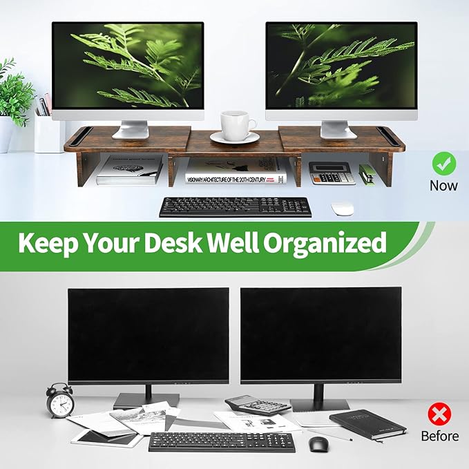 Zimilar Dual Monitor Stand Riser, Monitor Stand with Adjustable Length and Angle, Wood Monitor stand for desk, Monitor Riser for 2 monitors with Storage Space(Rust Brown Large)-DeskLoop Office