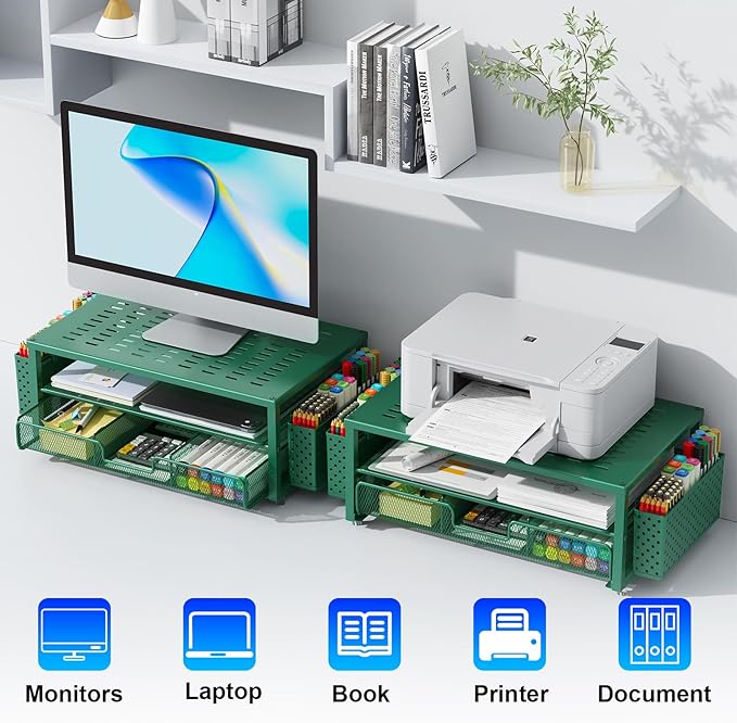 gianotter Desk Organizers and Accessories, Monitor Stand with Drawer and 2 Pen Holder, Desktop Organizer Suitable for Offices and Dormitories (Green)-DeskLoop Office