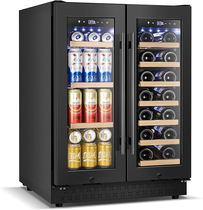 Wine and Beverage Refrigerator with Glass Door, 24-Inch Dual Zone Wine Fridge Under-Counter,4.6 Cu.Ft. 65 Cans and 20 Bottles Wine Cooler,Built-in or Freestanding Wine and Drink Fridge with Blue Light-DeskLoop Office