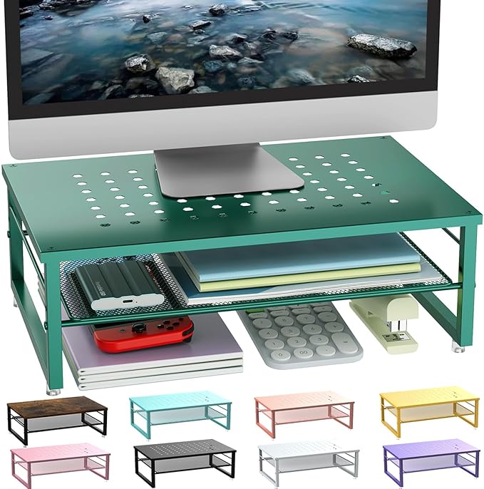 gianotter 2-Tier Metal Monitor Stand Riser, Desk Organizer for Monitor, Office Desk Storage Organizer for Office Supplies (Dark Green)-DeskLoop Office