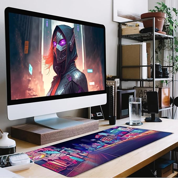 Japanese City Big Desk Mat Large Office Desk Pad, Durable Extended Mouse Mat, 35.4"x15.7" Computer Mousepad with Non-Slip Rubber Base & Stitched Edge for Home Office Gaming Work