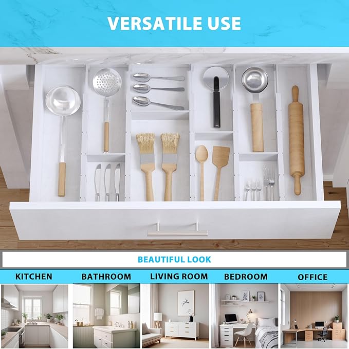 6 Pack Bamboo Drawer Dividers with 12 Inserts, Expandable Adjustable Clothes Drawer Organizers and Storage from 17" to 22" for Kitchen, Bedroom, Dresser, Cosmetics (White)-DeskLoop Office