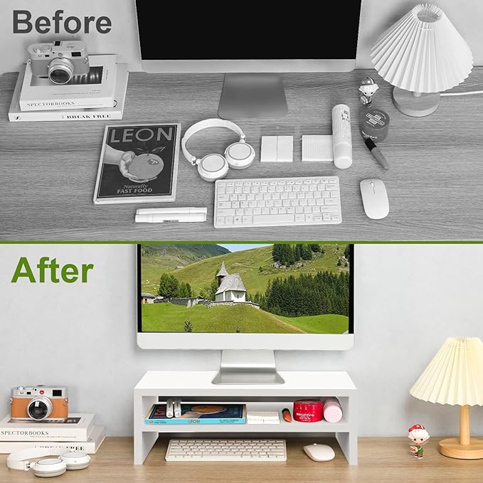 TEAMIX 2 Tier White Monitor Riser Stand, Wood Desktop Stand with storage for Laptop/PC/Printer/Keyboard, TV Stand Shelf Home Office Desk Accessories-DeskLoop Office