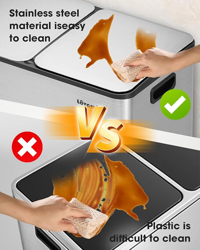 Lovewind Kitchen Trash Can, 2 x 8 Gallon (2 x 30 L) Stainless Steel Trash and Recycle Bin Combo with Soft-Close Lid, Dual Compartment Recycling Kitchen Step Trash Bin, Silver-DeskLoop Office