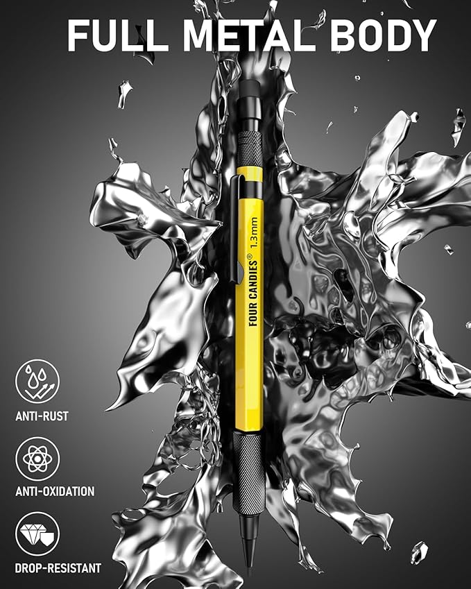 Four Candies 1.3mm Mechanical Pencil Set with 72 Lead Refills, 3PCS Metal Weatherproof Body Heavy Duty Carpenter Pencil, 3 Eraser, 16 Eraser Refills, for Outdoor Woodworking Drafting Marking with Case-DeskLoop Office