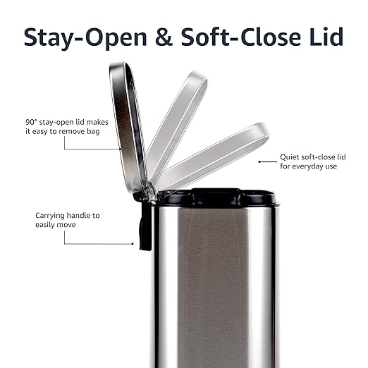 Amazon Basics Smudge Resistant Small Rectangular Trash Can With Soft-Close Foot Pedal, Brushed Stainless Steel, 12 Liter/3.1 Gallon, Satin Nickel Finish, 11.3"L x 9.9"W x 15.1"H-DeskLoop Office