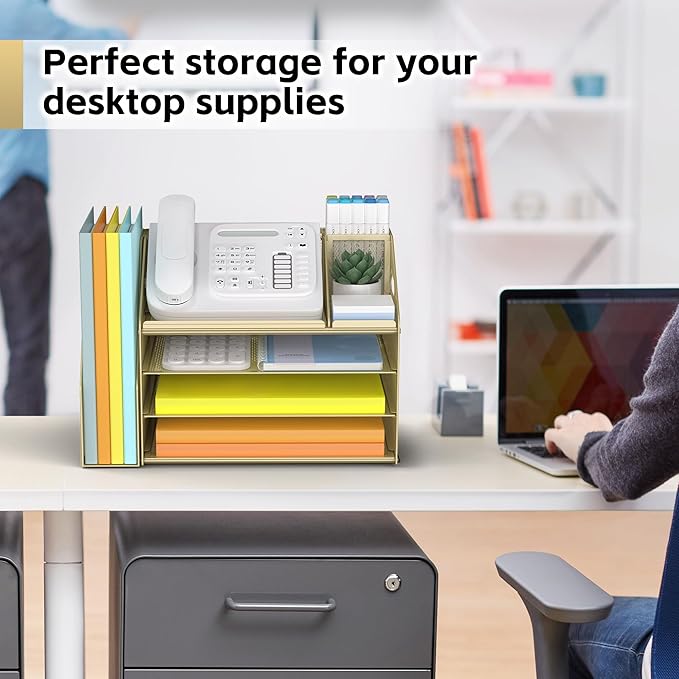 DocNest 4 Tier Paper Letter Tray File Organizer, Mesh Desk File with Handle, Workspace Desk Organizers with Pen Holder, Office Organization Storage Accessories - Gold Yellow-DeskLoop Office