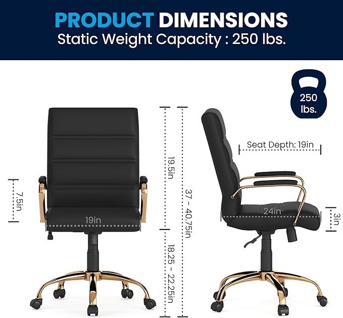 Flash Furniture Whitney Mid-Back Swivel LeatherSoft Desk Chair with Wheels, Padded Seat and Armrests, Adjustable Height Padded Office Chair, Black-DeskLoop Office