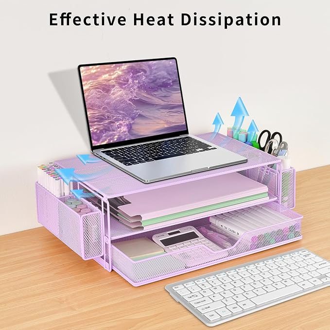 AUPSEN Computer Monitor Stands Riser,2-Tier Desk Organizers and Accessories, Office Desk Accessories Organizer with Drawers and 2 Pen Holder for Office Supplies (Purple)