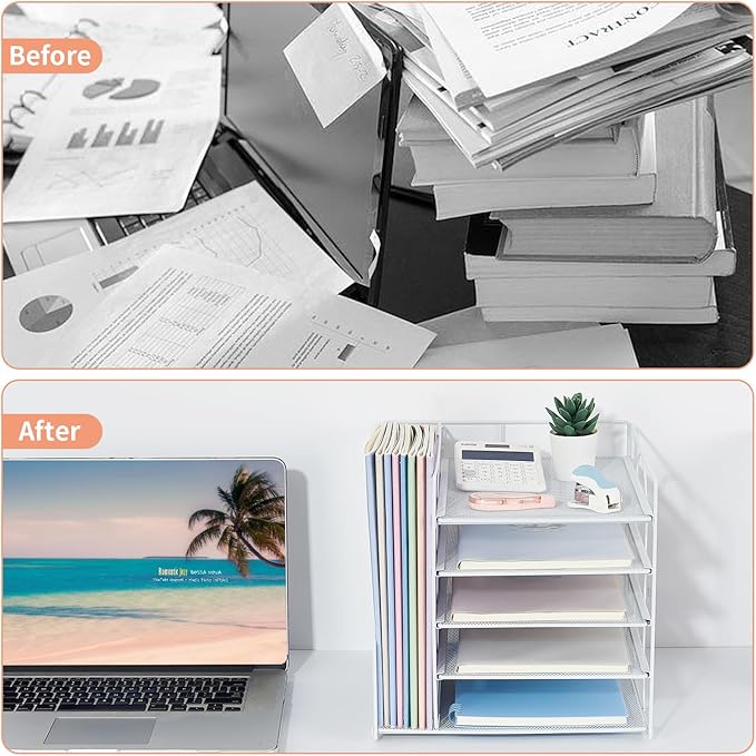 Desk Organizers and Accessories, 5-Tier Paper Letter Tray Organizer with File Holder, Desktop Organizer for Office Supplies, Office Desk Accessories & Workspace (White)-DeskLoop Office