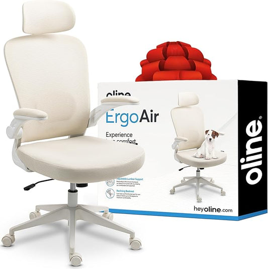 Oline ErgoAir Ergonomic Office Chair – Adjustable Lumbar Support, Flip-Up Armrests, Mesh Computer Desk Chair, Swivel Rolling Executive Gaming Chair for Home & Office (Beige)-DeskLoop Office