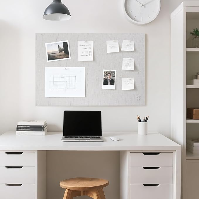 Bulletin Board 36 x 24 inches, 3' x 2' Linen Board for Wall, Decorative Fabric Pin Board with Safe Removable Adhesive Tapes for Home and Office, Includes 20 Push Pins-Gray Stripes-DeskLoop Office