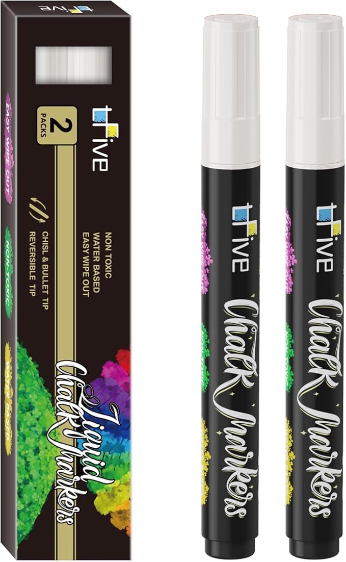 TFIVE White Liquid Chalk Markers - 2 Pack Bright Colors Erasable Chalk Marker Pens, Reversible Tip, Non-Toxic, for Chalkboards, Signs, Glass, Easy to use Chalk markers TF800-DeskLoop Office