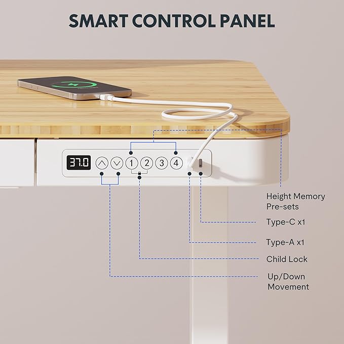 FLEXISPOT Comhar Electric Standing Desk with Drawer Desktop & Adjustable Frame w/USB Charge Ports (Bamboo Texture/White, Wood)-DeskLoop Office
