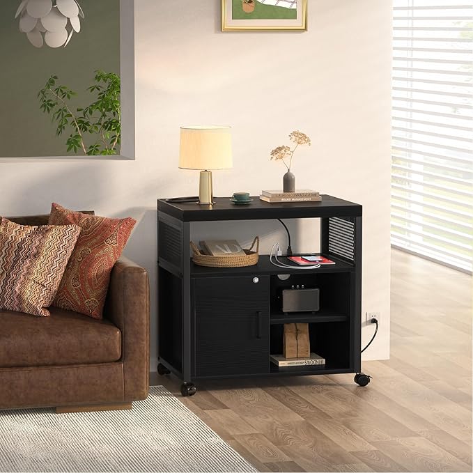 Unikito Lateral File Cabinet, Locking Office Filing Cabinets with Socket and USB Charging Port, Modern Rolling Printer Stand with Storage for A4, Letter Size and File Folders, Black-DeskLoop Office