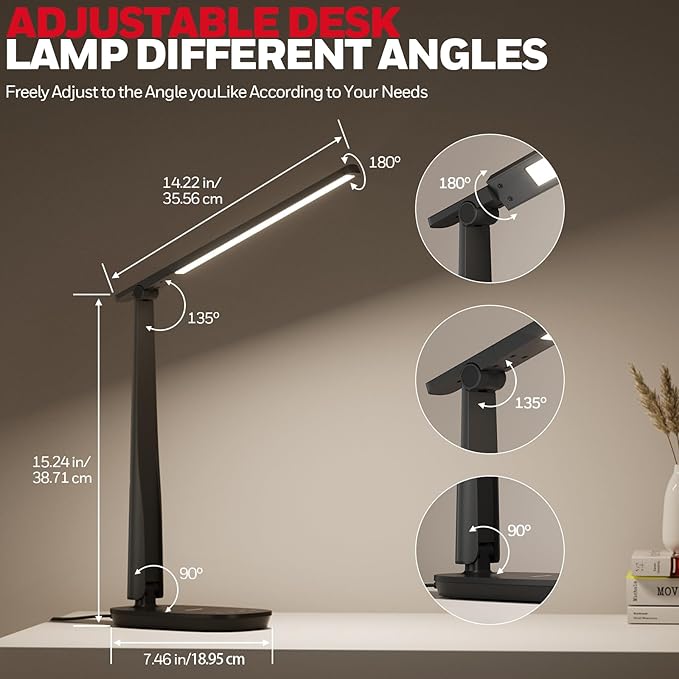 HONEYWELL Desk Lamp for Home Office, Dimmable LED Desk Light with USB A+C Dual Charging, 4 Modes Brightness Touch Lamp with Timer, Eye Caring Foldable Reading Light, Table Lamp for Study Nightstand-DeskLoop Office