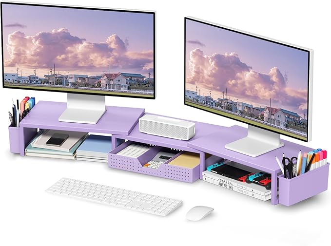 Purple Desk Organizers and Accessories, Dual Computer Monitor Stand Riser with Drawer and 2 Pen Holders, Office Desk Accessories, Workspace Desktop Organization for Office Supplies-DeskLoop Office