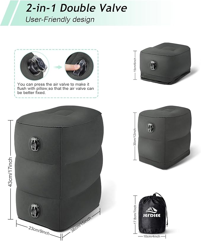 JefDiee Inflatable Travel Foot Rest Pillow, Kids Airplane Bed, Adjustable 3 Layers Height Leg Rest Pillow, Adults Travel Essentials Great for Airplane, Office, Home, Trains, Cars (2 Pack-Dark Grey)-DeskLoop Office