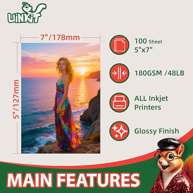 Uinkit Premium Glossy Inkjet Photo Paper - 5x7 Inch, 48lb 180gsm, 100 Sheets - Professional Photographic Quality, Dye Ink Compatible, High-Gloss Finish for Stunning Portraits & Art Prints-DeskLoop Office