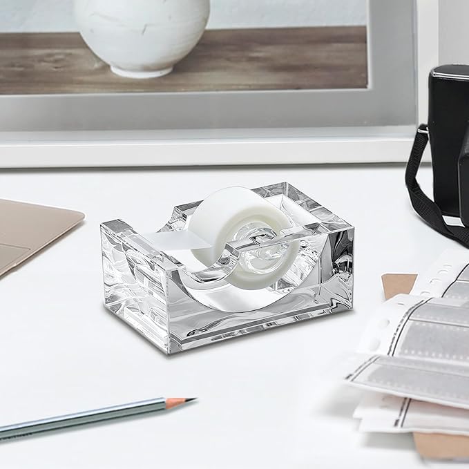 Amazing Abby - Tanya - Acrylic Tape Dispenser (1-Pack), Plastic Label Roll Holder, Clear Sticker Organizer, Perfect Office Desktop Storage Solution for Tapes, Labels, Stickers, and More-DeskLoop Office