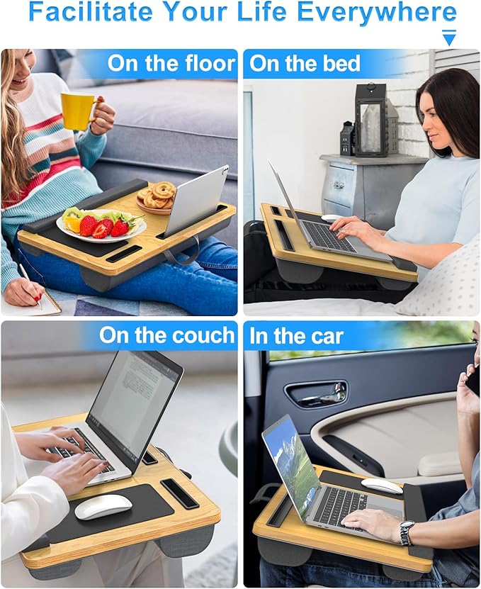 Laptop Lap Desk, Portable Large Laptop Desk for Bed, Up to 17 in Lap Table with Wrist Rest, Mouse Pad, Tablet Phone Slot, Portable Handle, Cushion (Light Brown)-DeskLoop Office