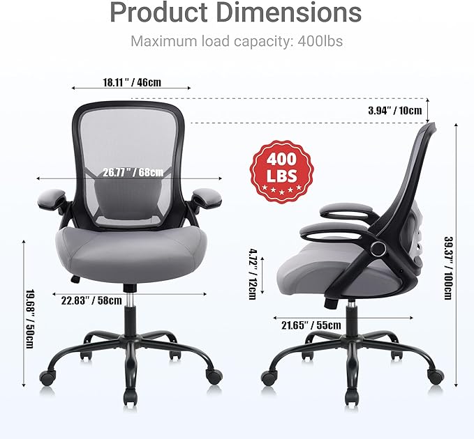 HYLONE 400lbs Heavy Duty Office Chair, 5" Thickened Seat Ergonomic Desk Chair with Adjustable Armrests, Home Office Computer Chairs for Long Hours Mesh Executive Chair(Dark Grey)-DeskLoop Office