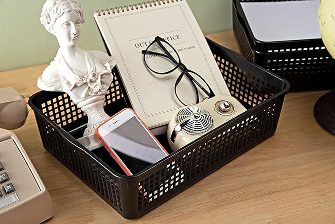 A4 Size Plastic Storage Basket,Desktop File Paper Letter Organizer Tray, 6-Packs (White+Black)-DeskLoop Office